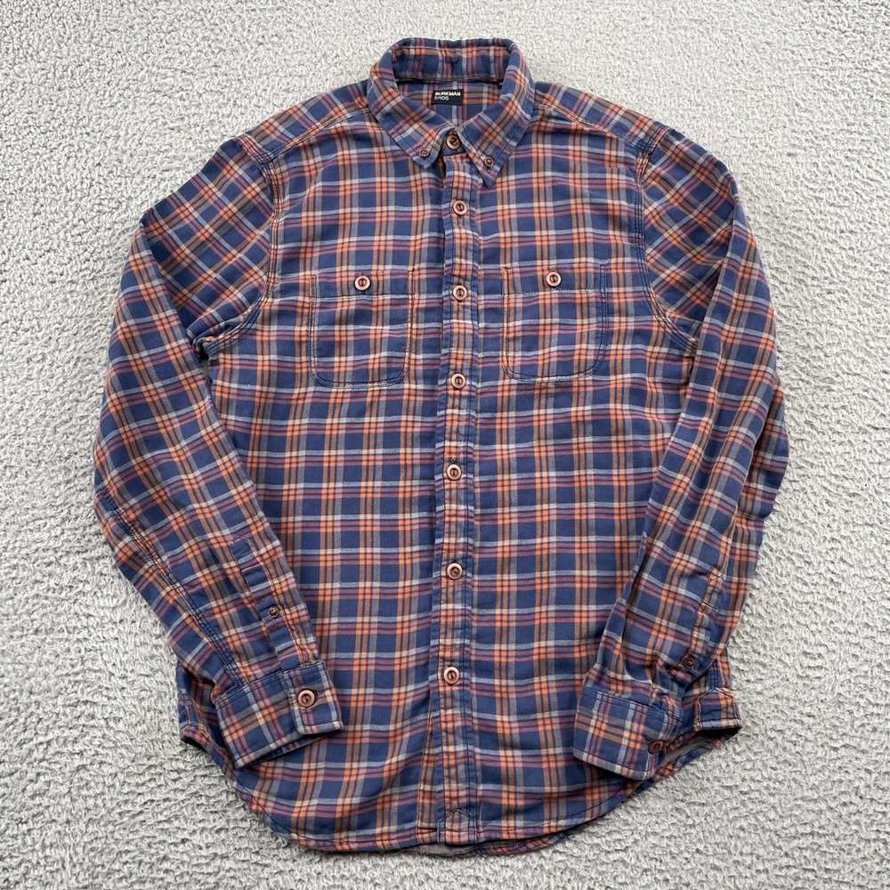 Burkman Bros Button Down Mens XS Blue Orange Plaid Flannel Long Sleeve Shirt